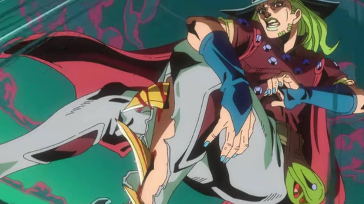Gyro mengalami efek kemampuan musuh dengan ekspresi tegang dalam adegan Steel Ball Run produksi Netflix.