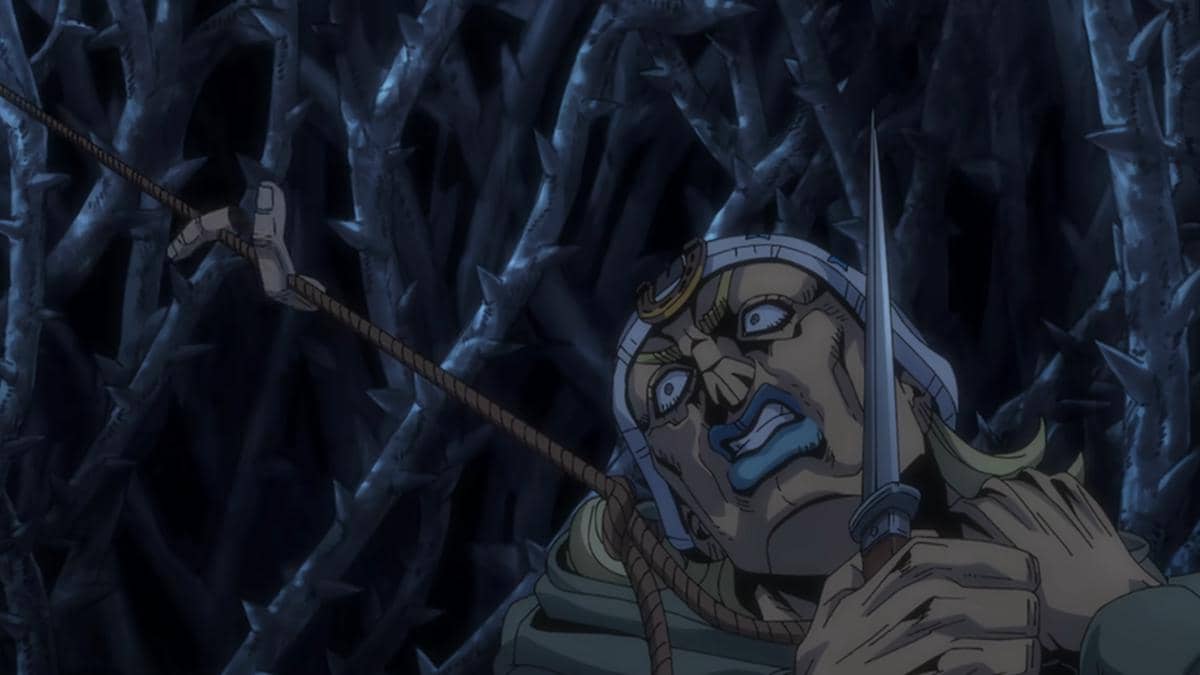 Benjamin terjerat tali yang digunakan Mountain Tim dalam adegan Steel Ball Run, serial produksi Netflix.