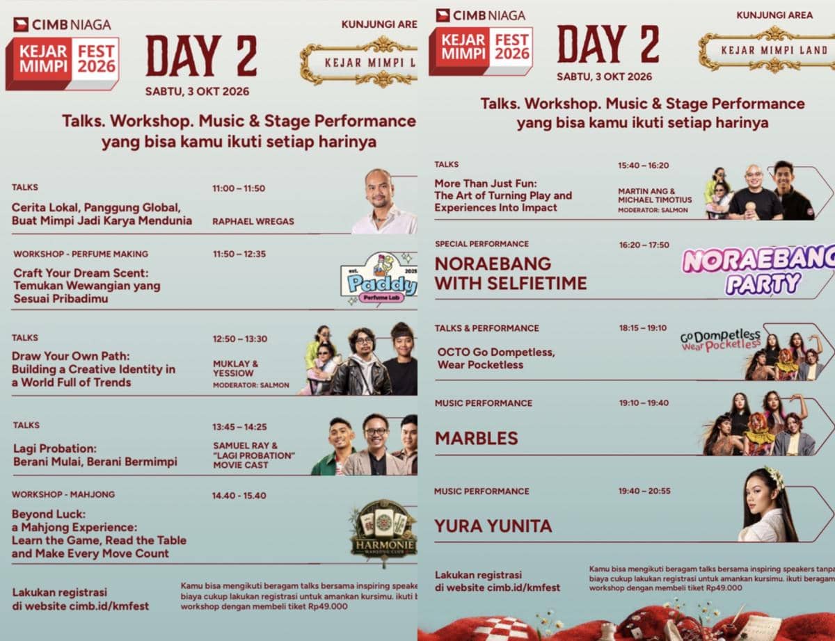 Rundown acara Kejar Mimpi FEST 2026 dari CIMB Niaga yang memuat susunan jadwal dan rangkaian kegiatan festival.