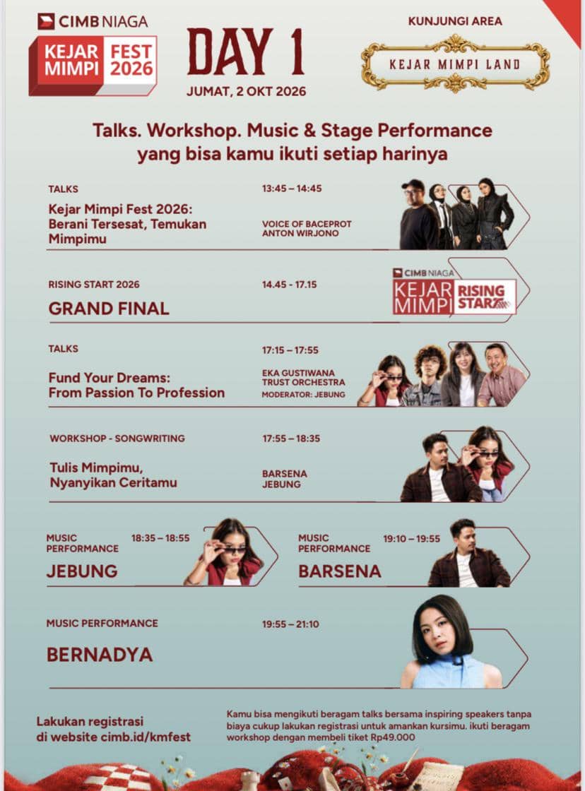 Rundown Kejar Mimpi FEST 2026 dari CIMB Niaga memuat jadwal rangkaian acara dalam desain grafis berwarna.
