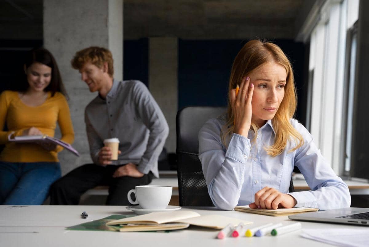 Ilustrasi workplace bullying dengan seorang pekerja duduk tertekan sementara rekan-rekannya menunjuk dan mengejek.