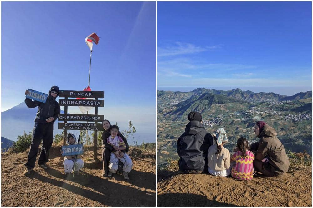 Dwi Handayani ajak Keluarga Mendaki Gunung Bismo, Anak-anak Happy!