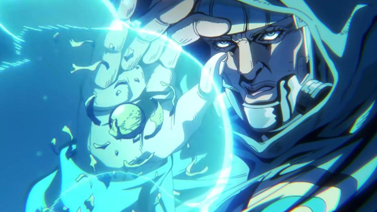 Benjamin dengan saksama mengurai bola besi milik Gyro dalam adegan serial Steel Ball Run produksi Netflix.