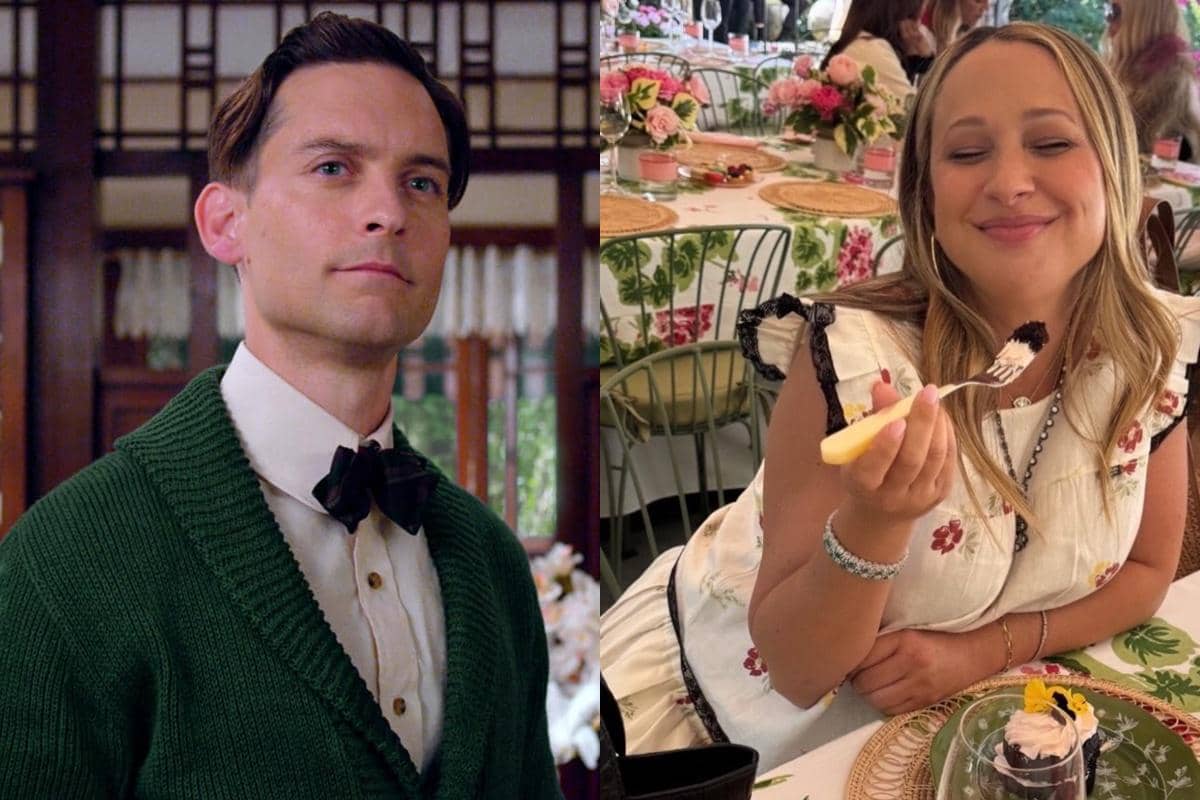 Tobey Maguire dan Jennifer Meyer tampil dalam potret berdampingan dari dokumentasi Warner Bros. dan Instagram.