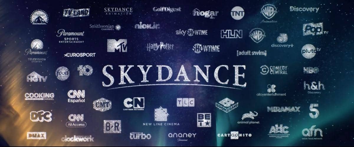 Logo Skydance tampil di tengah latar biru gelap dengan tulisan putih besar dan elemen grafis bernuansa langit.