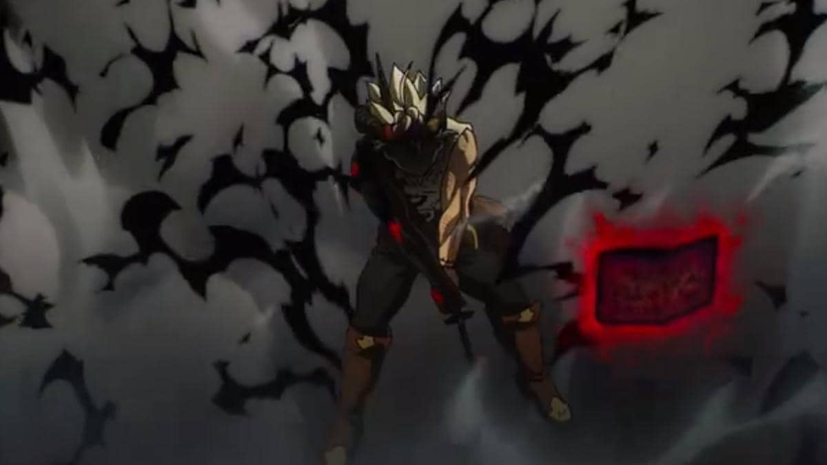 Asta tampil dalam wujud Unite yang belum sempurna dengan aura gelap, dari anime Black Clover Season 2 produksi Studio Pierrot.