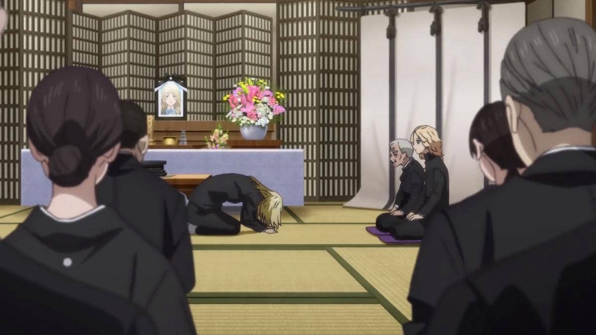 Draken menangis sambil meminta maaf kepada keluarga Emma dalam adegan Tokyo Revengers musim keempat yang emosional.
