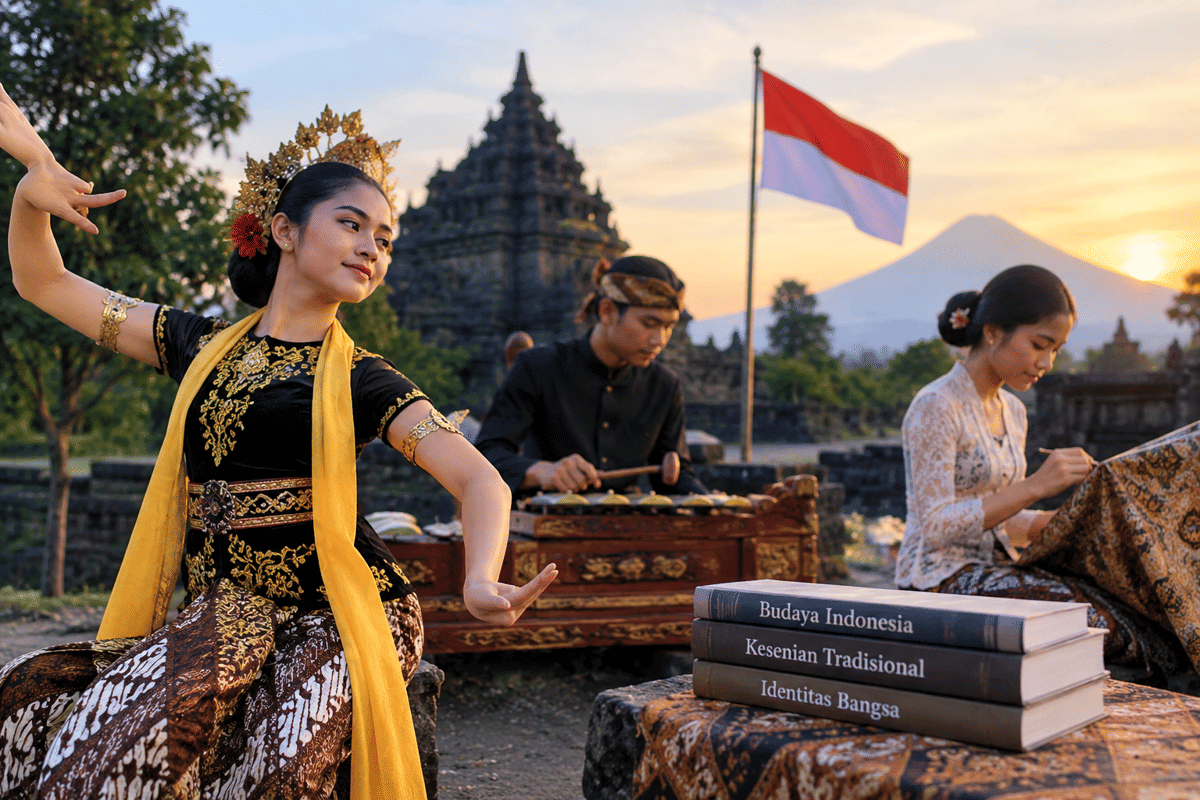Penari tradisional Indonesia dengan latar candi, alat musik tradisional, dan bendera Merah Putih.
