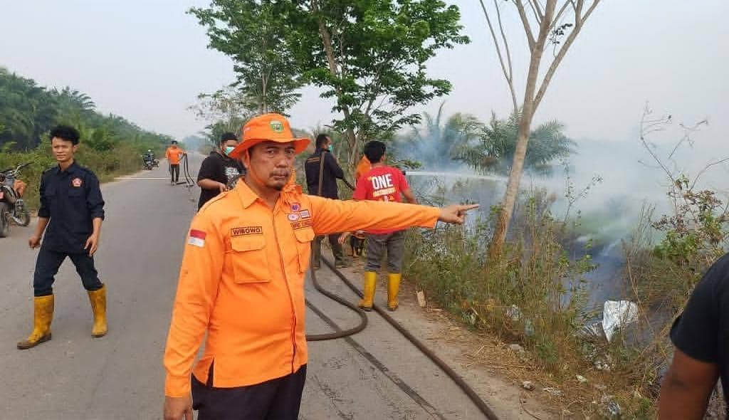 Petugas BPBD Ogan Ilir saat melaksanakan pemadaman darat.