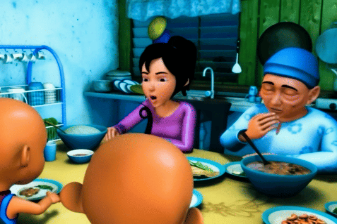 ilustrasi Upin Ipin, Opah, dan Kak Rose selalu makan malam bersama sebagai bentuk quality time