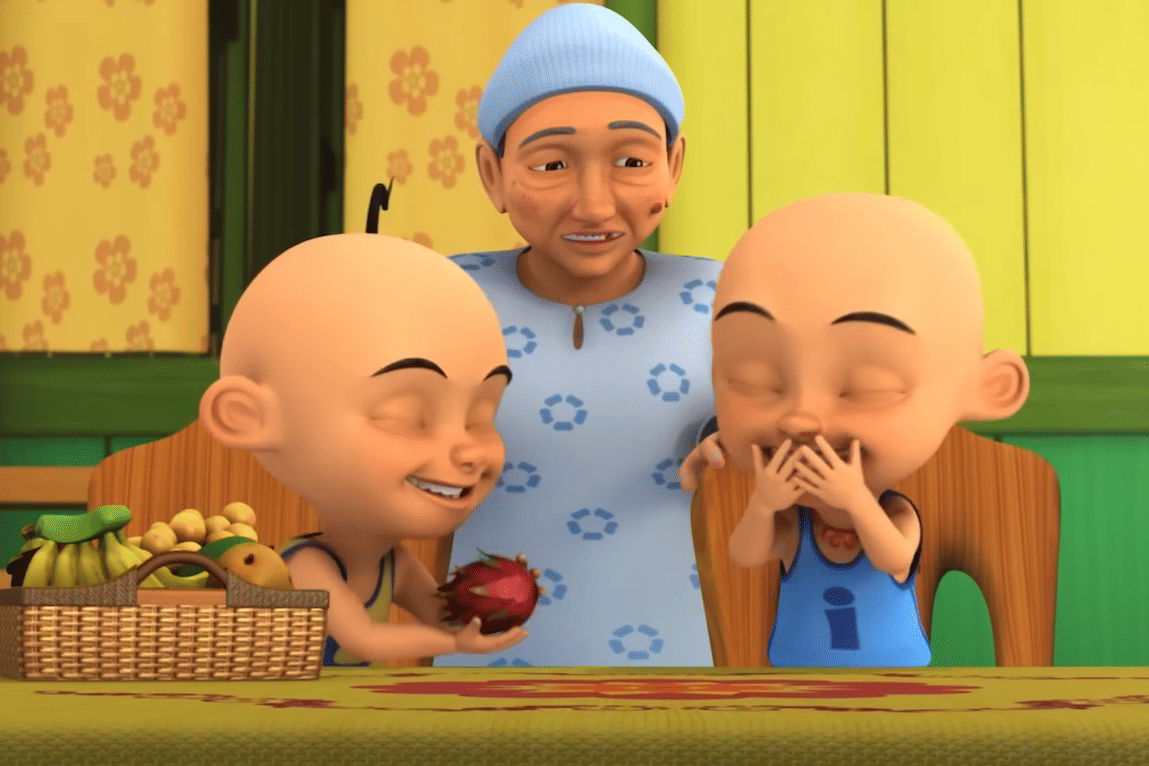 ilustrasi opah mengajarkan Upin Ipin untuk bertanggung jawab lewat tugas harian