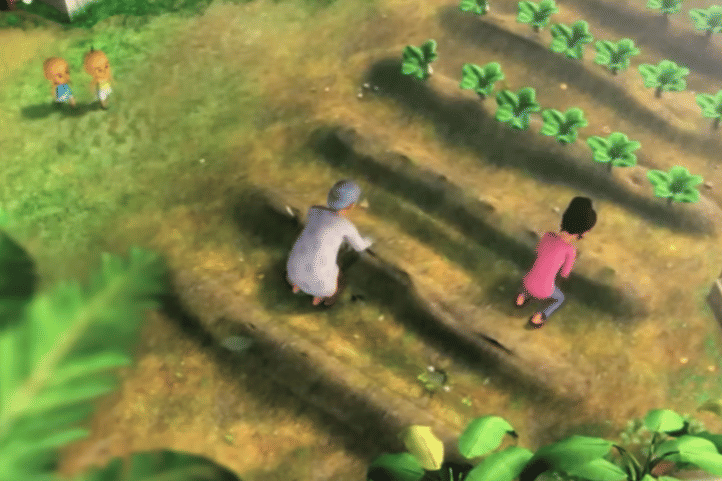 ilustrasi Upin Ipin diajak berkebun oleh Opah dan Kak Rose