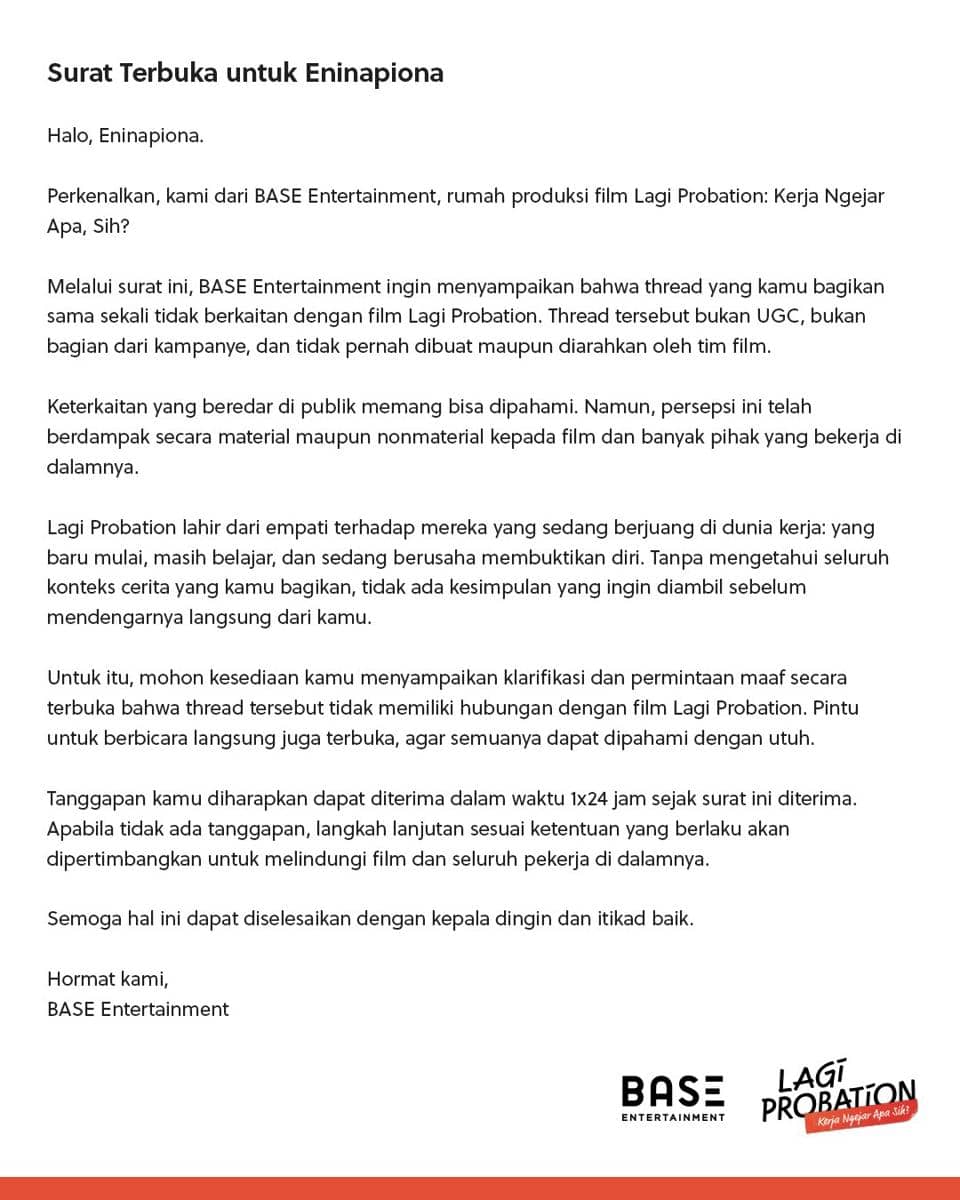 Tangkapan layar surat terbuka dari BASE Entertainment yang diunggah melalui akun resmi x.com/baseentid.