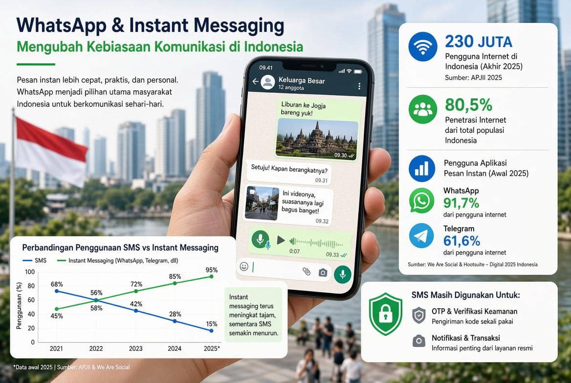 Ilustrasi aplikasi WhatsApp pada layar ponsel sebagai layanan pesan yang paling banyak digunakan menurut DataReportal.