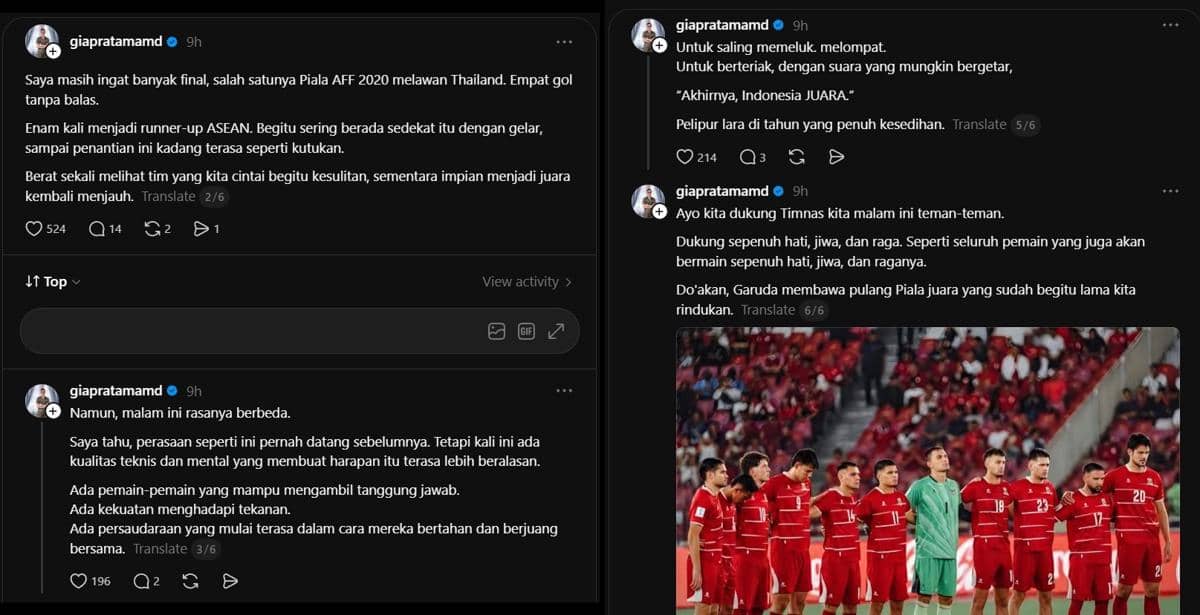 Dukungan artis Indonesia untuk Timnas Indonesia menjelang final FIFA ASEAN Cup 2026 dalam unggahan Threads.