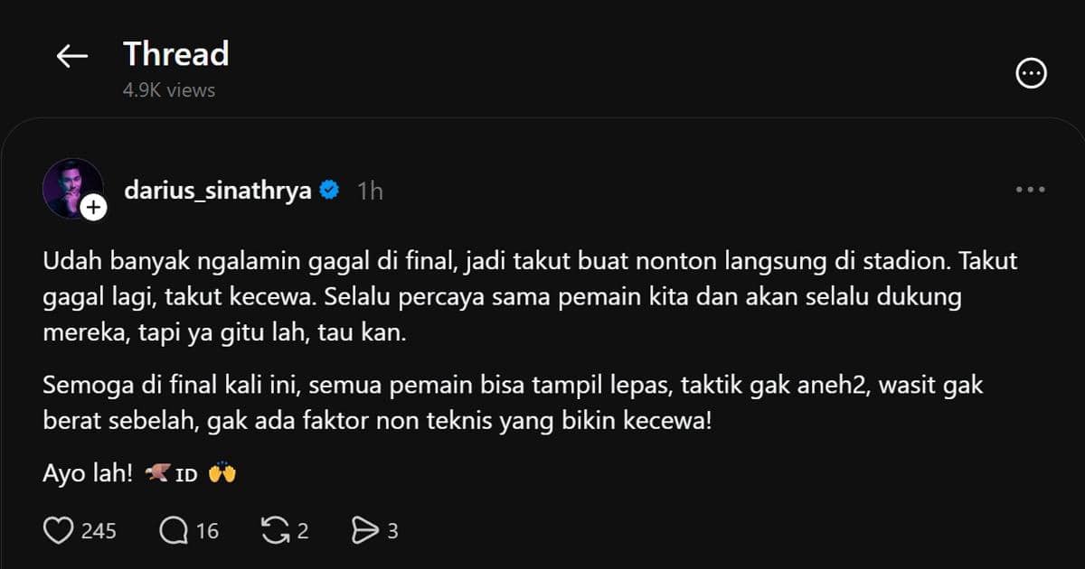 Darius Sinathrya menyampaikan dukungan untuk Timnas Indonesia jelang final FIFA ASEAN Cup 2026 melalui Threads.