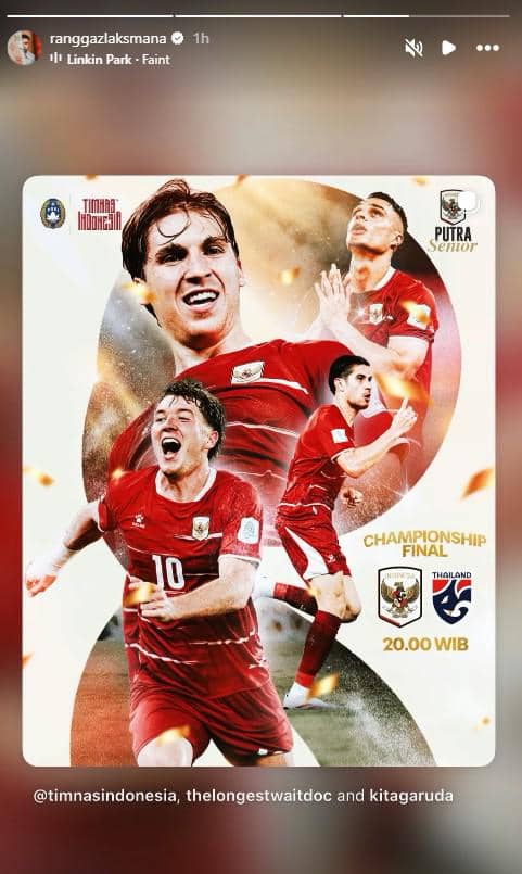 Artis Indonesia memberikan dukungan kepada Timnas Indonesia menjelang final FIFA ASEAN Cup 2026 lewat unggahan Instagram.