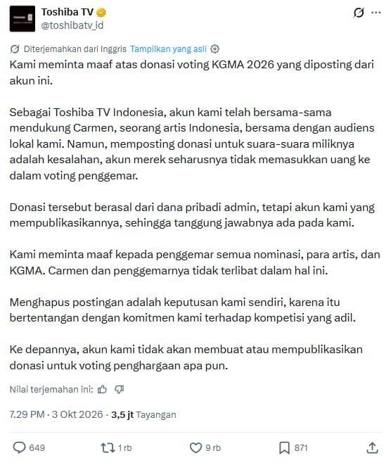 Toshiba TV Indonesia minta maaf soal donasi voting Carmen Hearts2Hearts di KGMA 2026