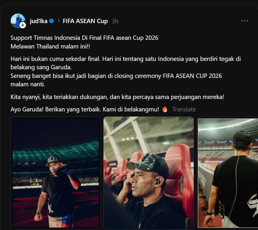 Unggahan Threads Judika berisi dukungan untuk Timnas Indonesia menjelang final FIFA ASEAN Cup 2026.