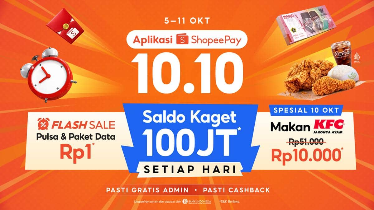 Promo 10.10 ShopeePay: Pulsa Rp1 hingga KFC Cuma Rp10 Ribu