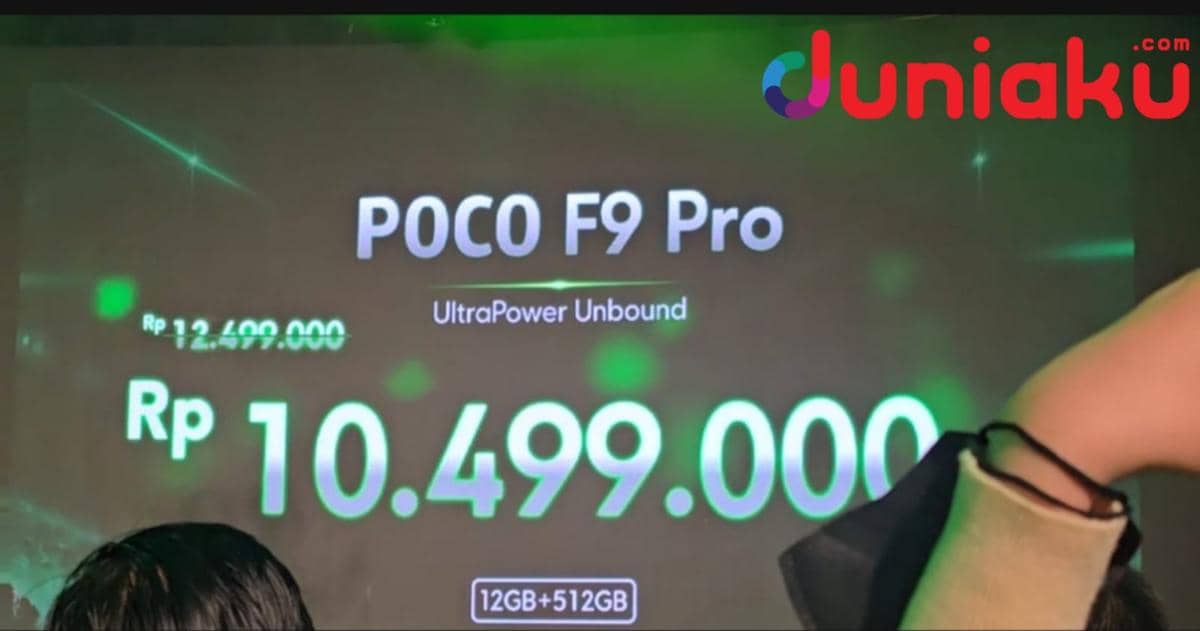 Materi promosi harga POCO F9 Pro dengan informasi penawaran khusus untuk perangkat ponsel kepada konsumen.