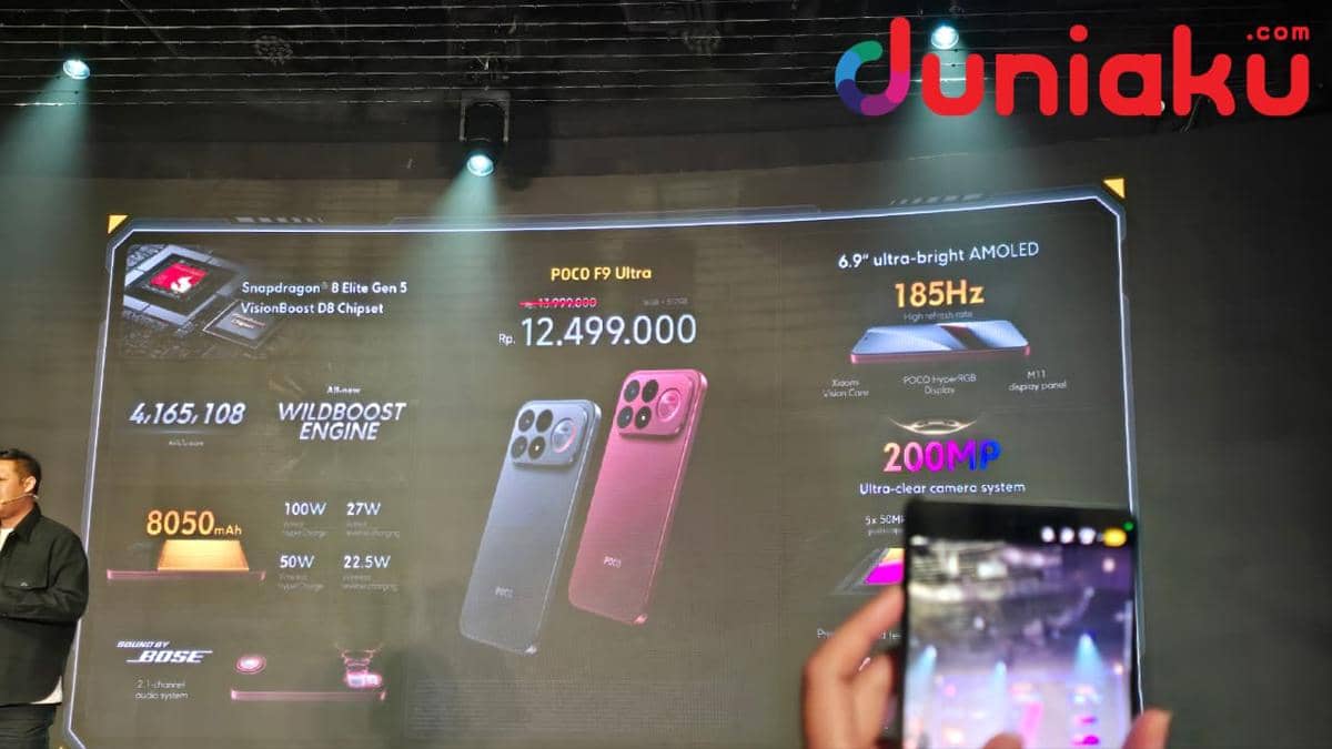 Informasi harga promo POCO F9 Ultra dalam materi promosi smartphone, disertai penawaran khusus untuk konsumen.