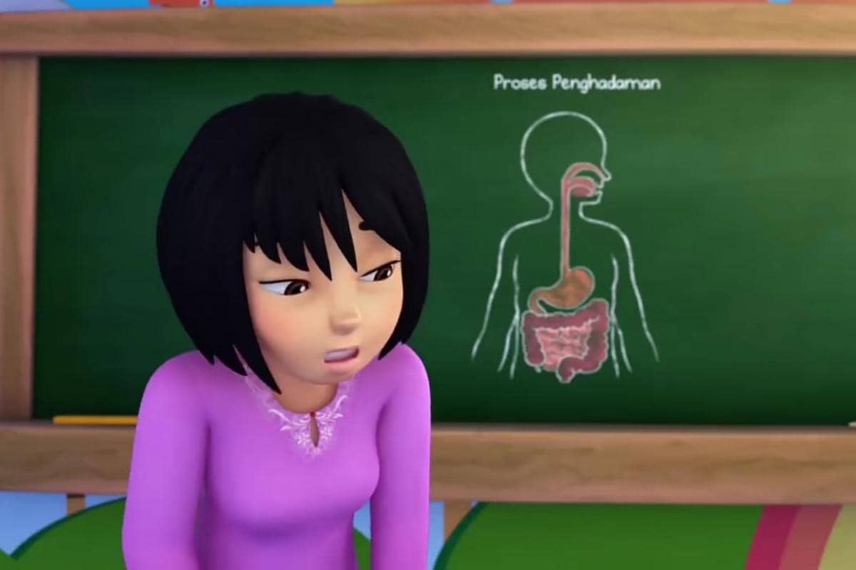 Cikgu Melati menjelaskan proses pencernaan makanan pada manusia di depan murid-muridnya