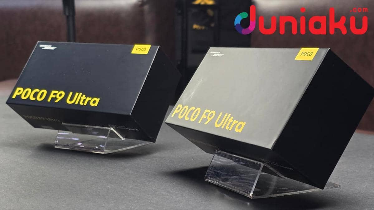 Kotak kemasan POCO F9 Ultra berwarna kuning dengan desain produk dan tulisan nama perangkat pada bagian depan.