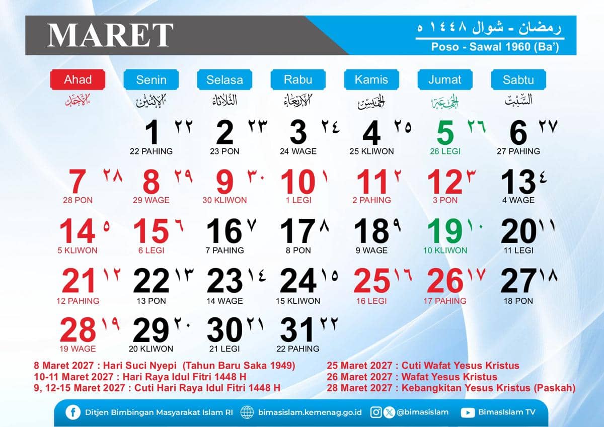 Kalender Jawa 2027 bulan Maret