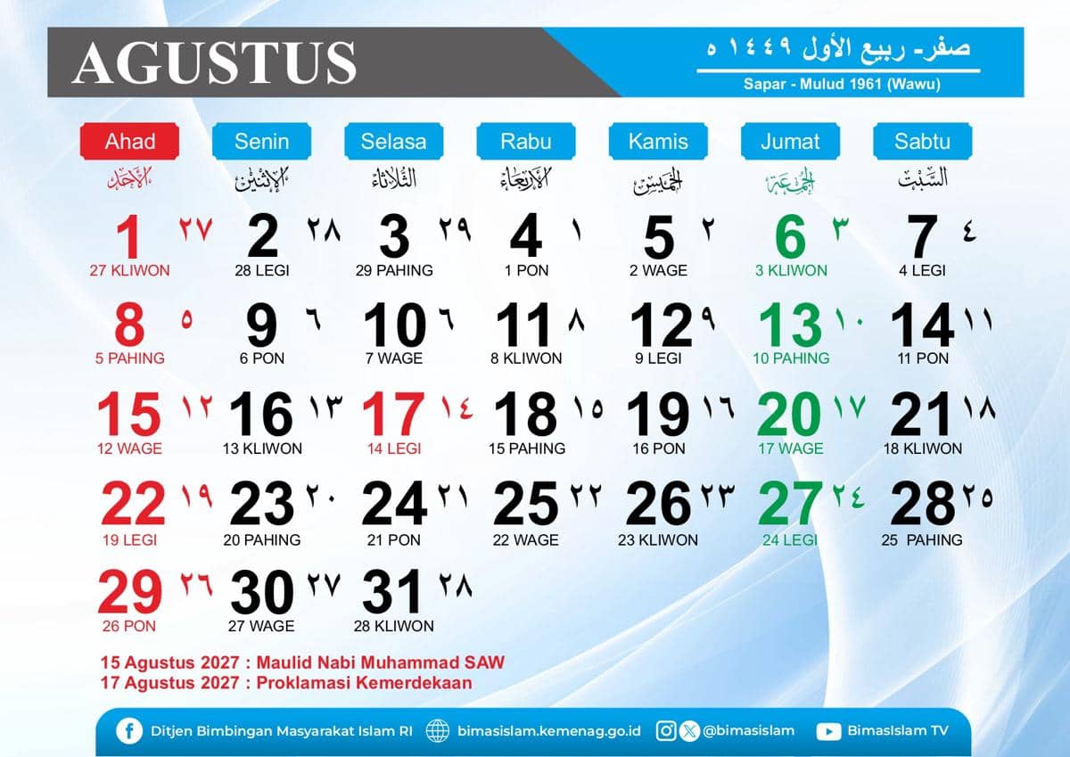 Kalender jawa Agustus 2027