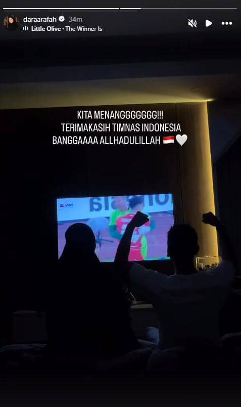 Dara Arafah membagikan reaksi atas kemenangan Timnas Indonesia di FIFA ASEAN Cup 2026 melalui Instagram.