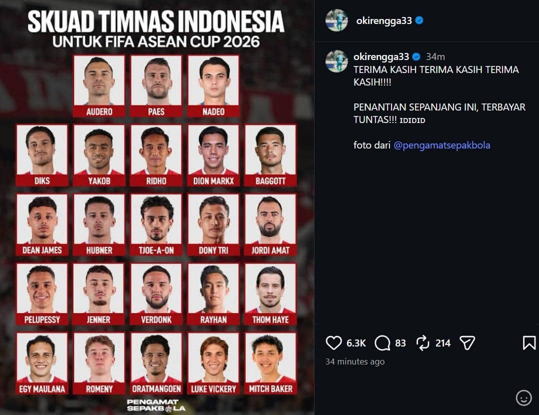 Unggahan Instagram Oki Rengga berisi reaksi atas kemenangan Timnas Indonesia di FIFA ASEAN Cup 2026.