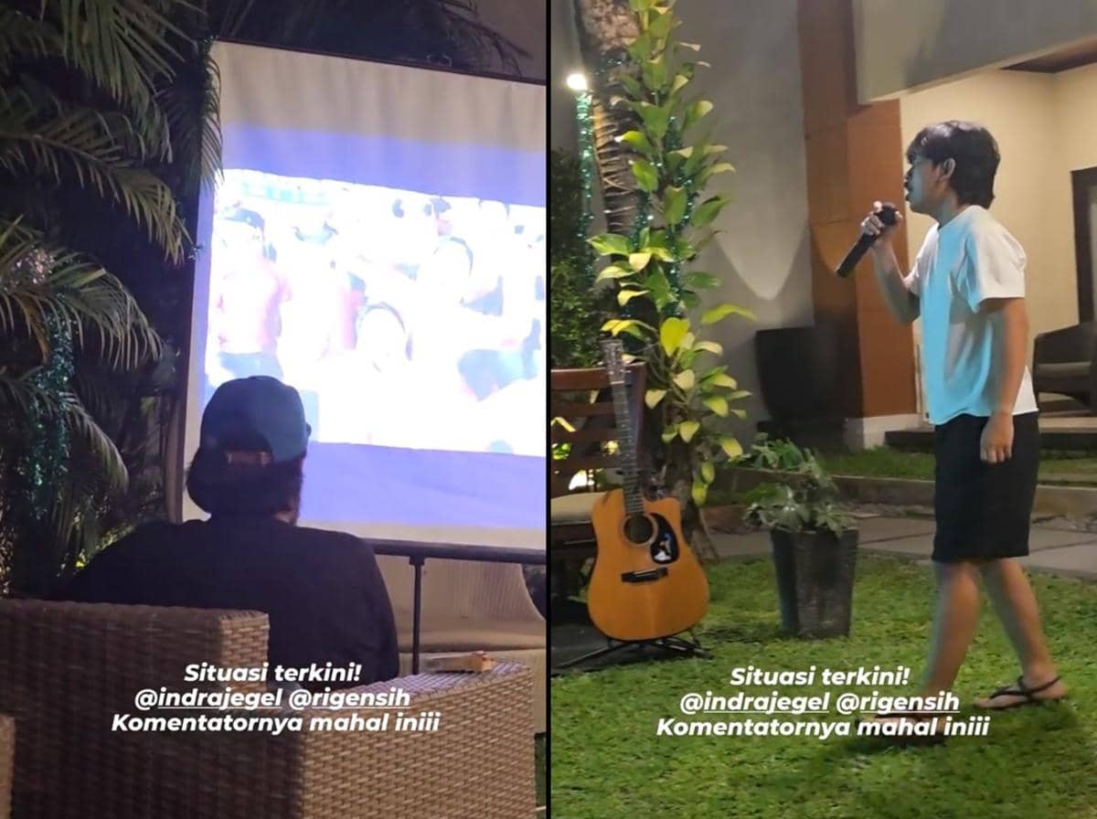 Sejumlah artis berpose bersama sambil menyaksikan pertandingan timnas Indonesia melawan Thailand di layar.