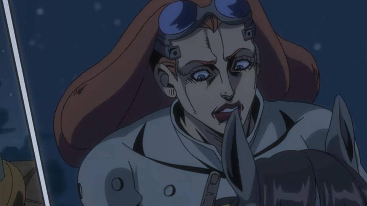 Laurence tampak mencoba menghitung jumlah angka bounty Gyro dalam adegan Steel Ball Run produksi Netflix.