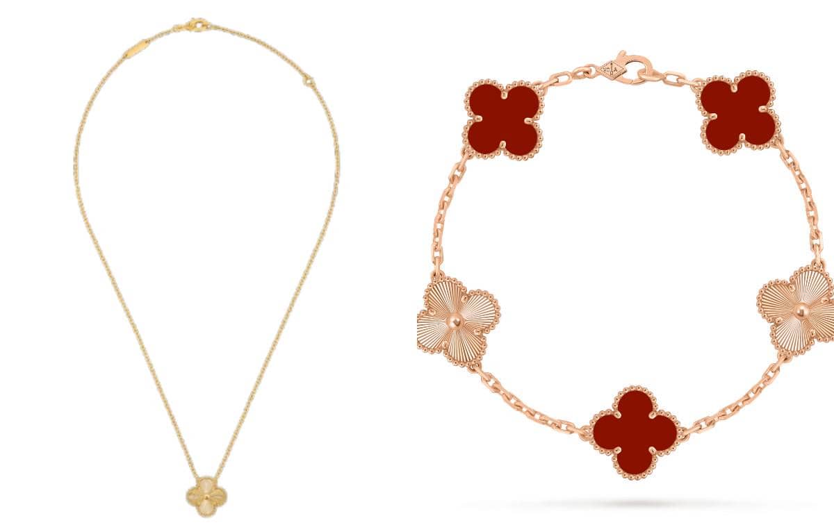 Liontin kalung dan gelang dari koleksi Vintage Alhambra oleh Van Cleef & Arpels dalam tampilan produk resmi.