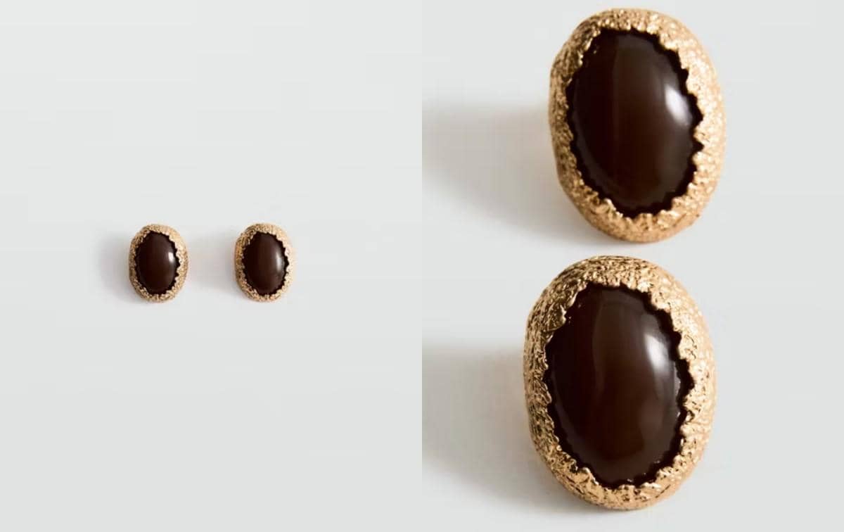 Anting resin bertekstur model kombinasi dari Mango dengan desain modern untuk melengkapi aksesori sehari-hari.