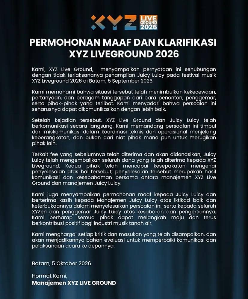 Tangkapan layar unggahan Instagram XYZ Liveground yang memuat pernyataan resmi dari akun tersebut.