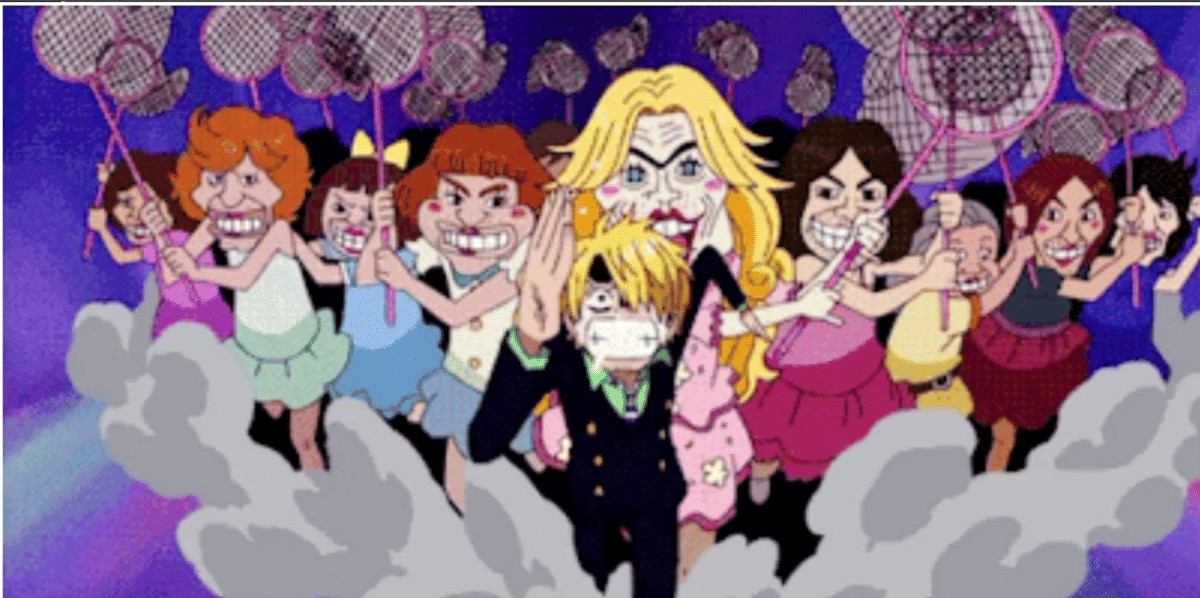 Sanji berlari kabur dari para penduduk Kamabakka dalam adegan One Piece yang ramai dan penuh gerakan.