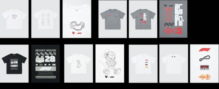 Detail pakaian anak dari koleksi UT Disney x Formula 1, memadukan tema karakter Disney dan balap Formula 1.