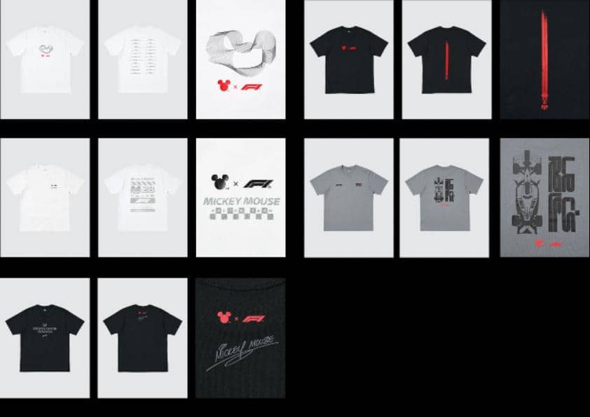 Detail koleksi pakaian dewasa UT Disney x Formula 1 dari UNIQLO dengan desain kolaborasi bertema balap.
