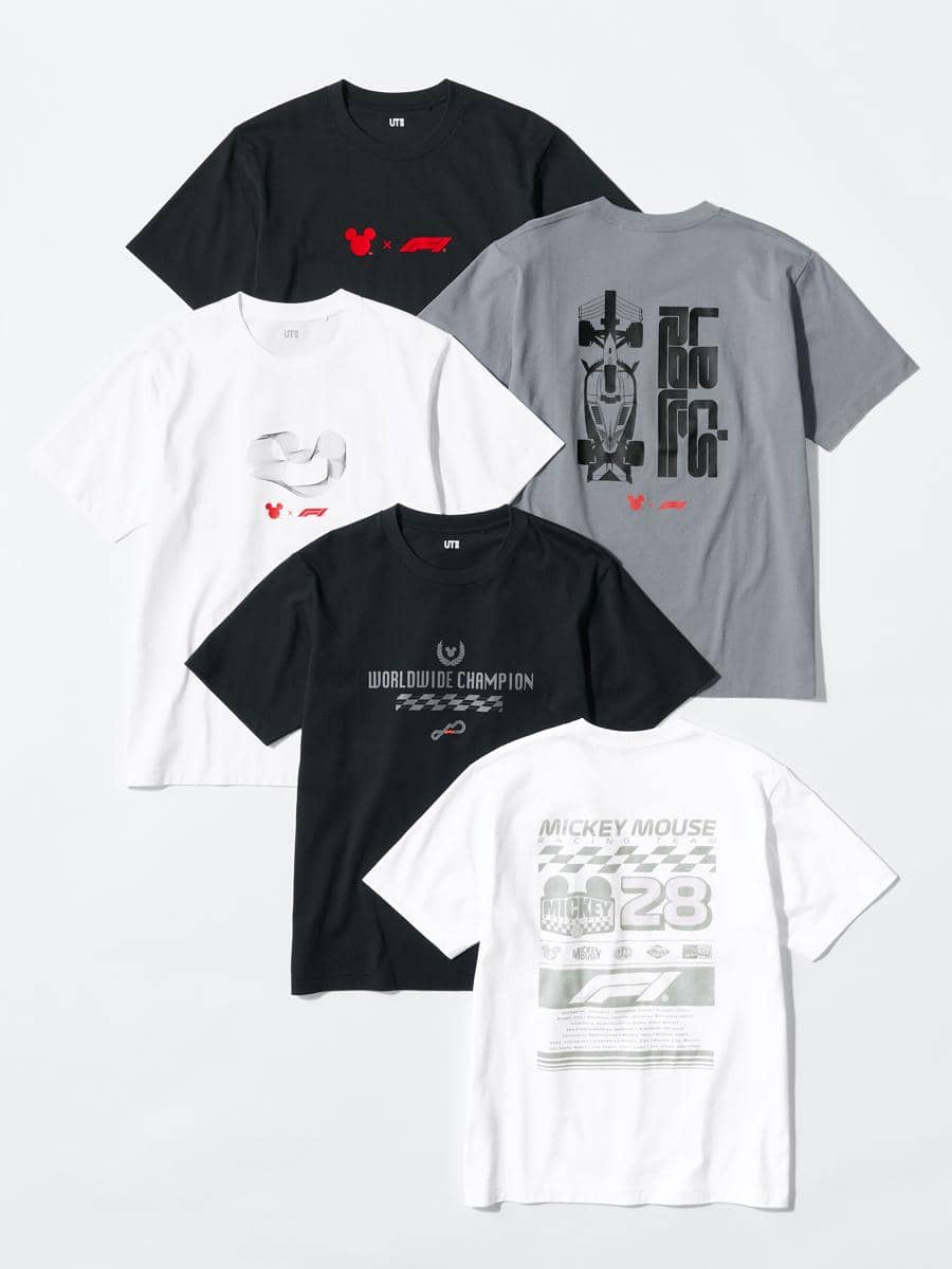 Deretan kaus koleksi UT Disney x Formula 1 dari UNIQLO dengan desain grafis karakter Disney dan tema balap.