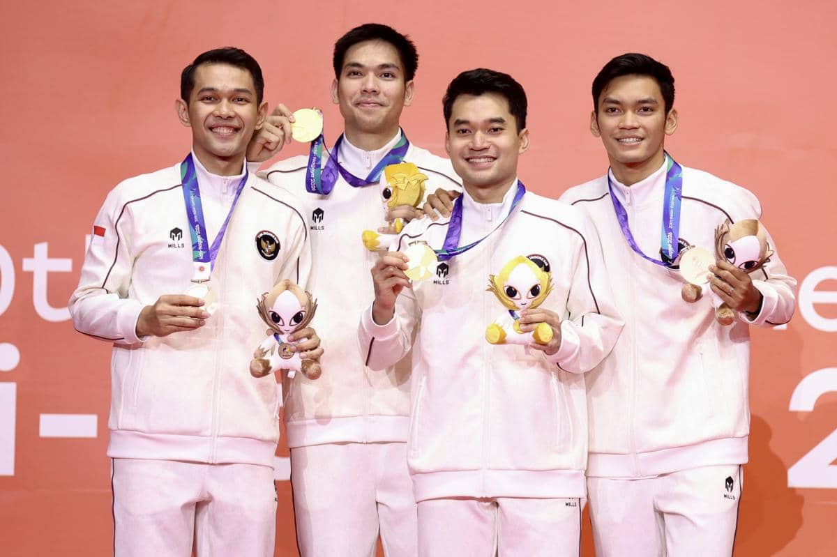 Fajar Alfian, Daniel Marthin, Leo Rolly Carnando, dan Muhammad Shohibul Fikri, usai meraih medali di Asian Games 2026 Aichi-Nagoya (dok.PP P