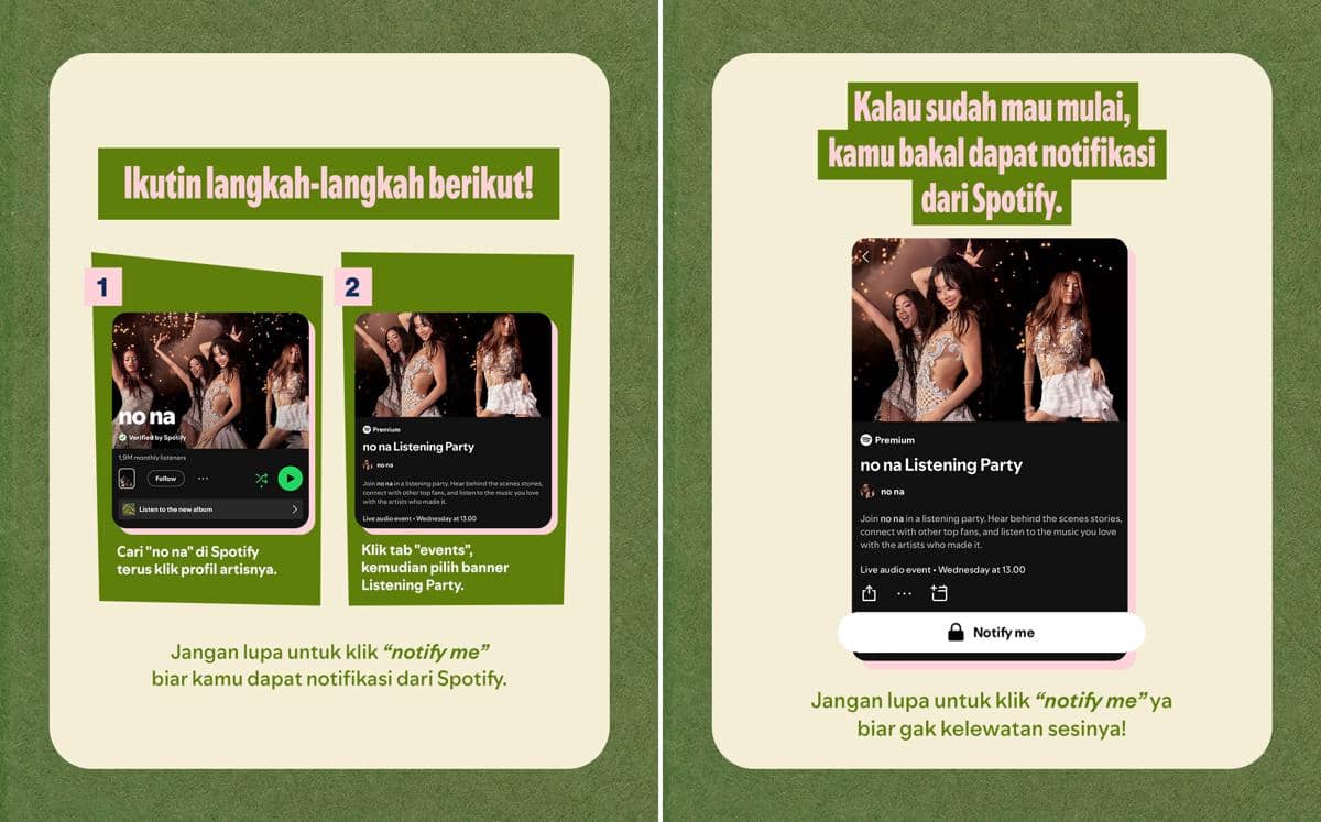 Grafik Spotify Indonesia berisi panduan langkah-langkah mengikuti Listening Party no na melalui aplikasi Spotify.
