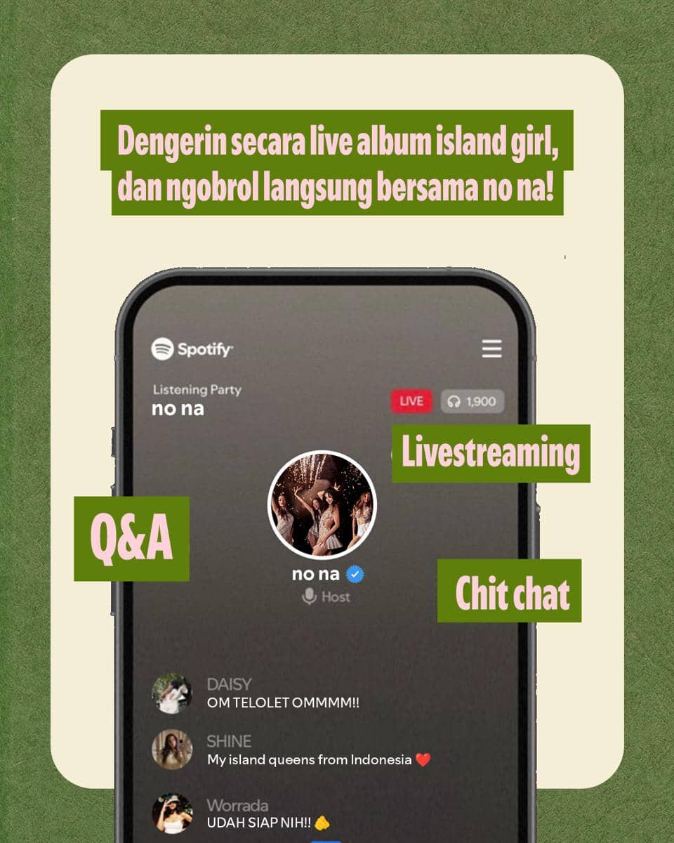Grafis Spotify Indonesia berisi informasi cara mengikuti Listening Party no na melalui aplikasi Spotify.