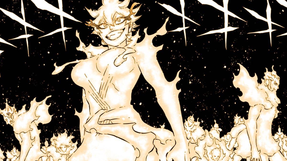 Ilustrasi Exercitus Leonum, Ultimate Magic berelemen api dalam serial Black Clover, dengan semburan api merah menyala.