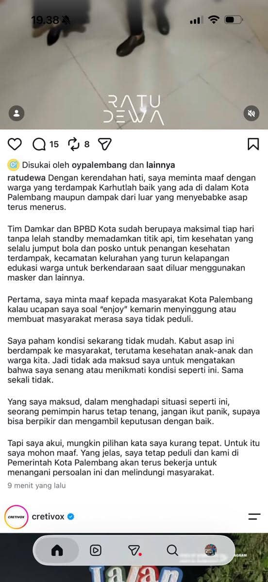 Kolase unggahan Instagram @ratudewa berisi permohonan maaf Wali Kota Palembang Ratu Dewa kepada masyarakat.