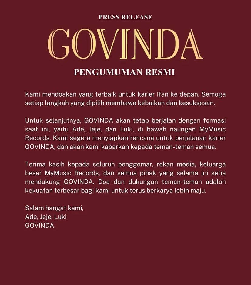 Potret Govinda dengan ekspresi serius dalam unggahan yang dibagikan melalui akun Instagram resminya.