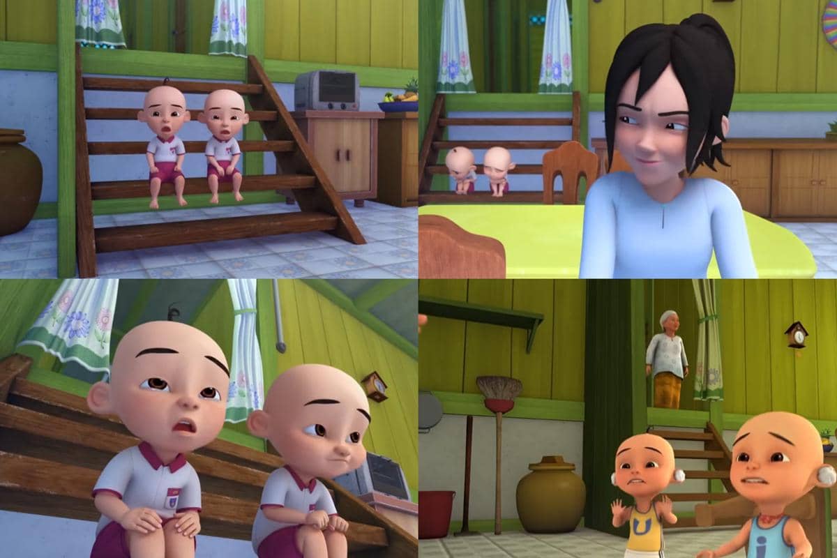 ruang tengah dan dapur di rumah Upin dan Ipin dipisahkan tangga dan kain pembatas