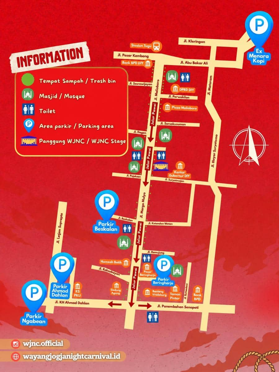 Informasi venue dan tempat parkir untuk gelaran Wayang Jogja Night Carnival (WJNC) 2026 pada Rabu, 7 Oktober 2026.