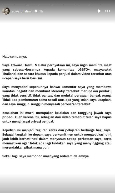 Unggahan permintaan maaf Edward Halim di akun Instagram pribadinya yang dibagikan kepada para pengikutnya.